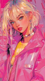 Neon-lit girl in pink jacket holds confident direct gaze