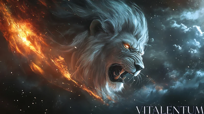 Lion head rendered as fiery spectral form in space