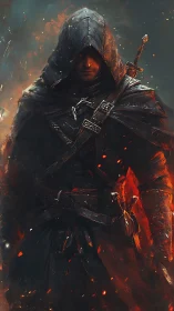Hooded rogue in ember-lit cloak rendered as dynamic digital painting