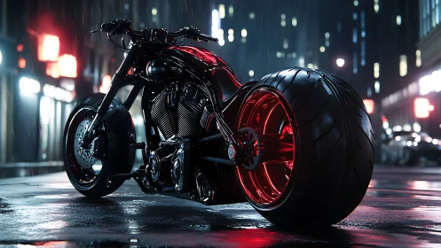 Low-slung custom power cruiser in neon-lit wet night street