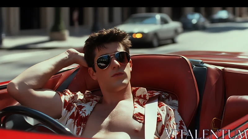 Sunlit driver relaxes confidently in a red convertible ride