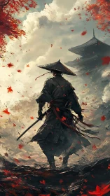 Samurai figure stands before pagoda amid drifting red leaves