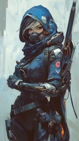 Cyberpunk hooded sniper with tactical exosuit rendering.