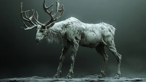 Frostbitten wendigo stag stalks a desolate frozen dream.