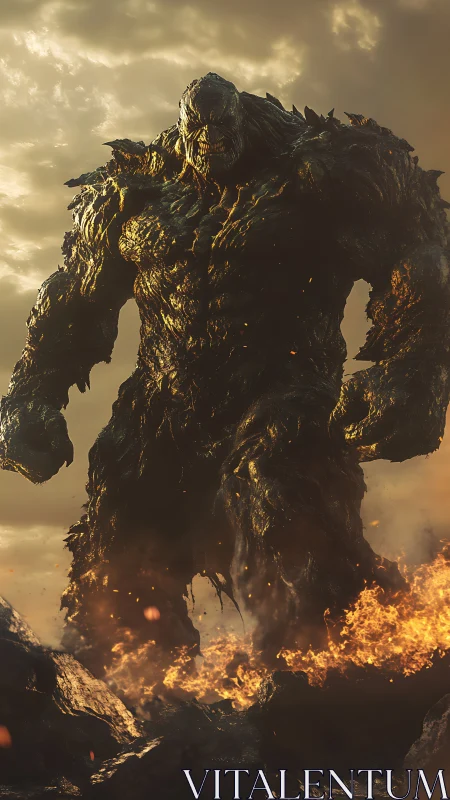 Colossal molten humanoid figure stands amid volcanic flames