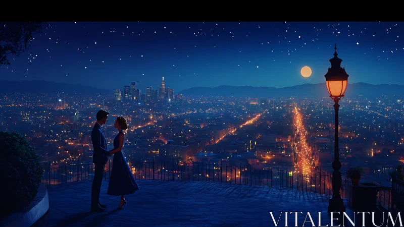 Romantic Night on City Overlook with Moon.