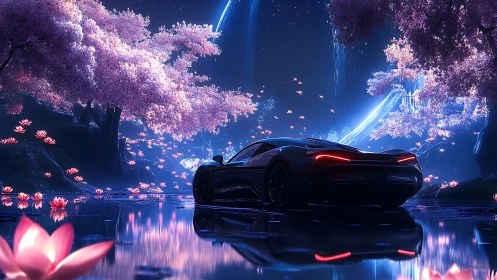 Midnight hypercar glides through neon cherry blossom lagoon.