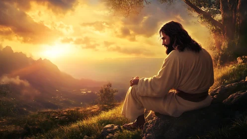 Backlit robed figure in contemplative pose over sunlit valley