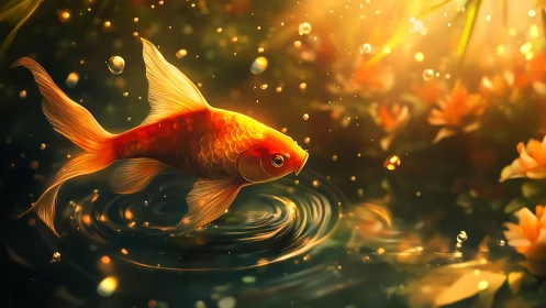 Gilded koi drifts through sunlit ripples and floral shimmer.