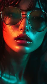 Neon drenched gaze in mirrored shades and electric glow.
