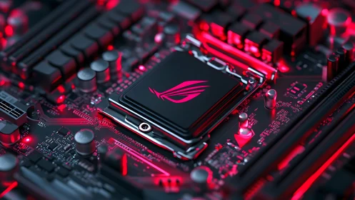 High-tech gaming motherboard close-up with red LED lighting.