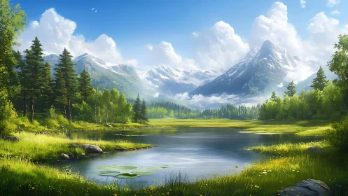 Mountain lake sits below snow-covered peaks and dense forests