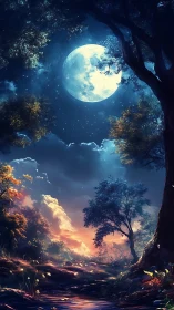 Moonlit forest quietly welcomes a dreamy twilight sky