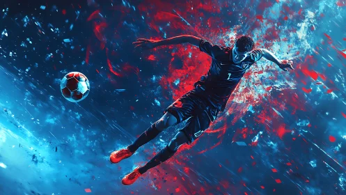 Dynamic digital painting of soccer striker in neon motion field.