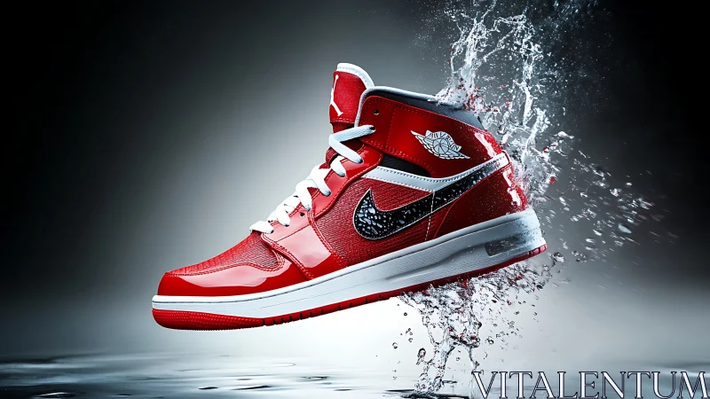 Red athletic sneaker bursts through water in dynamic motion