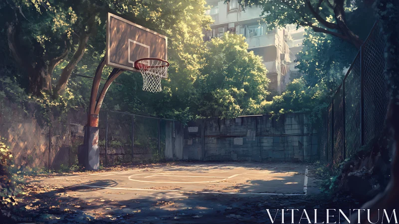 Sunlit urban courtyard court with lush overgrown perimeter.