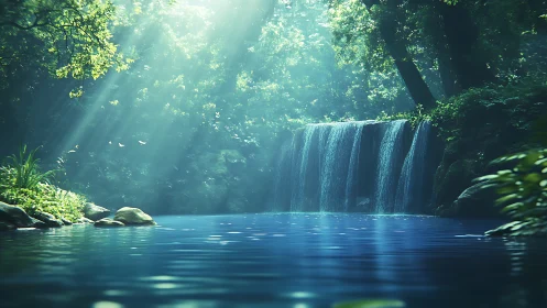 Luminous Waterfall Sanctuary: Volumetric Light Through Forest Canopy.