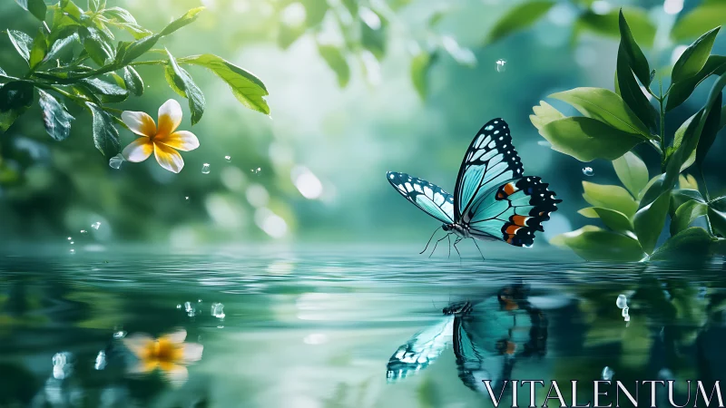 Blue butterfly near water with flower, nature macro photography style.