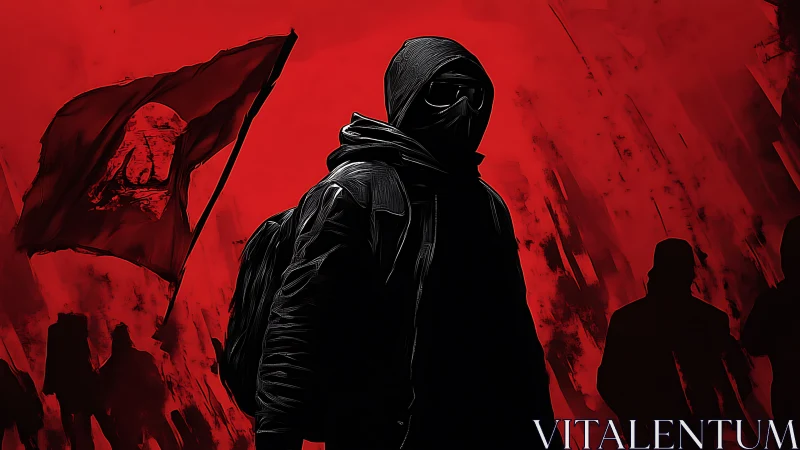 Hooded wanderer in red storm of restless silhouettes.