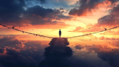 Silhouetted figure stands on sky bridge above glowing clouds
