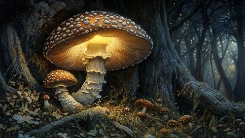 Glowing forest mushrooms illuminate a mystical woodland night.