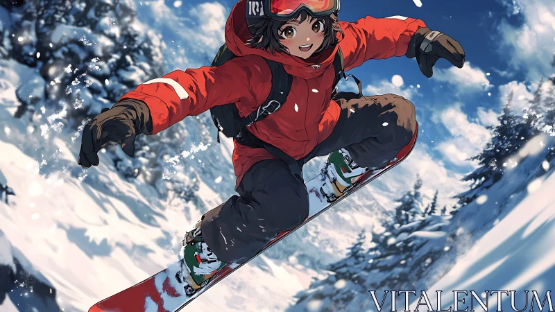 Anime snowboarder carving jump on bright alpine slope.