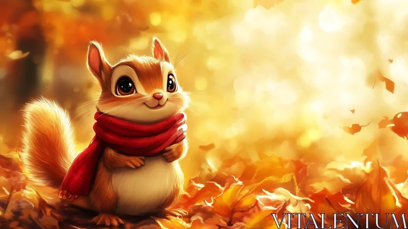 Cartoon chipmunk stands in autumn leaves with scarf