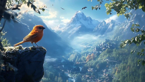 Orange songbird on cliff above misty mountain valley scene.