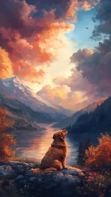 Golden retriever under blazing sunset mountain sky.