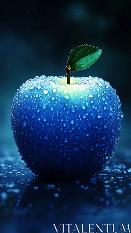Blue dew-covered apple rests on reflective wet surface