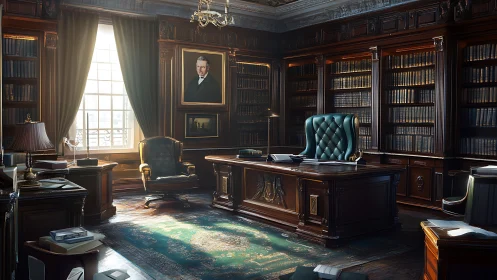 Traditional wood panelled office with large booklined walls.