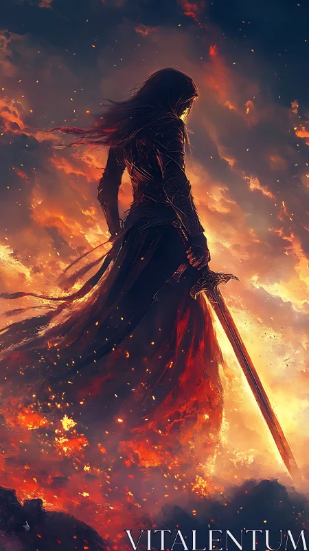 Figure with sword stands amid dense flames and rising embers