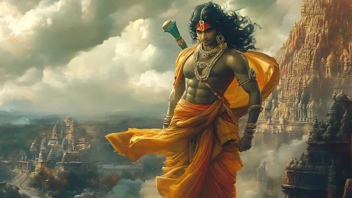 Mythic warrior strides above ancient temples in stormlight