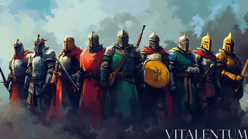 Armored knights stand in vivid formation within battlefield haze
