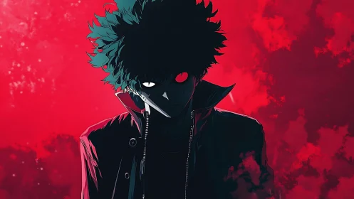 Dark anime antihero stands in crimson storm of chaos.