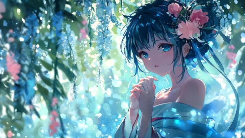 Soft garden light around a blue haired girl in blossoms.