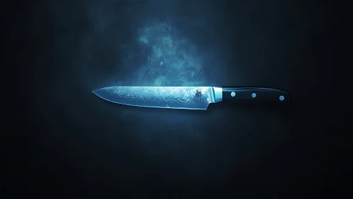 Ornamental Chef's Knife with Luminous Blue Etch Against Dark Gradient Background.