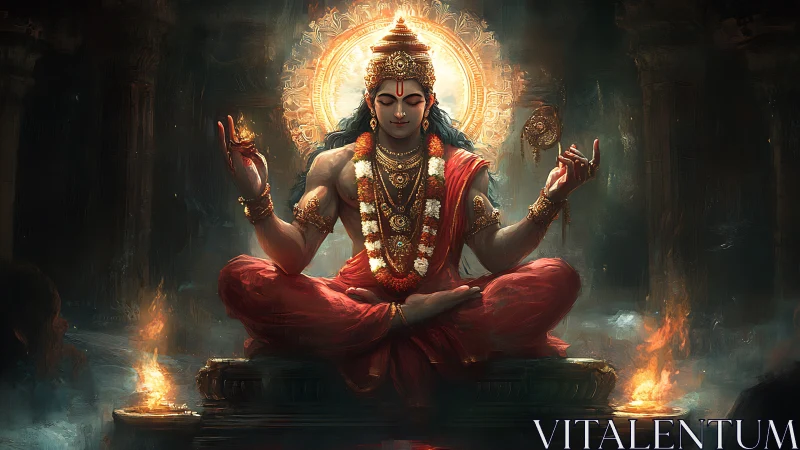 Radiant meditative deity in glowing temple serenity.