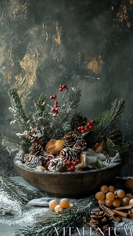 Rustic winter still life with sugared pine and confections in bowl.
