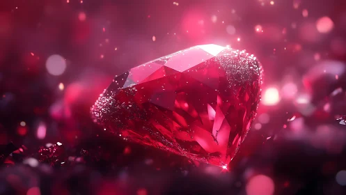 Heart-cut ruby sparkles in glowing crimson light.