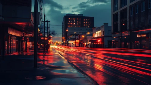Moody evening city street glowing with soft red light trails.