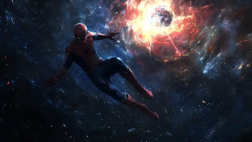 Costumed figure suspended in deep space near energy sphere.