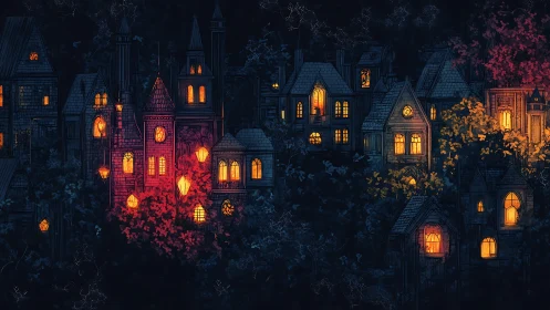Lantern-lit gothic village glows through the midnight forest.