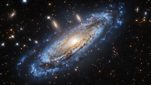 Spiral galaxy core and blue star-forming arms in space.