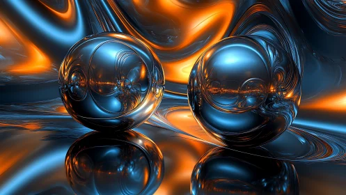 Chrome twin orbs drift through molten neon reflections.