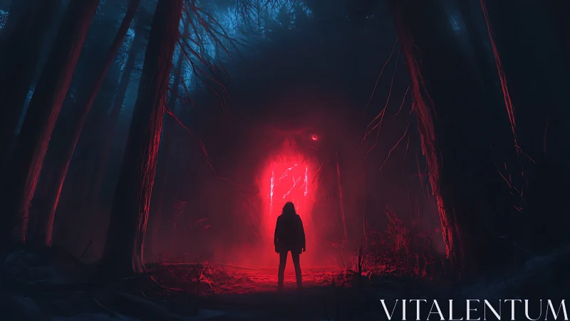 Crimson forest gateway swallowing a lone midnight wanderer.