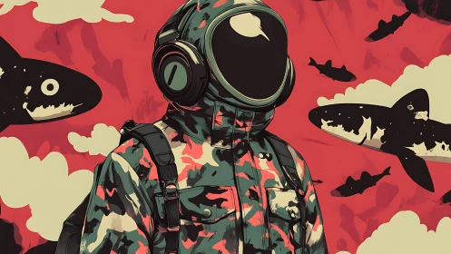 Camouflaged astronaut figure with sharks on red background.