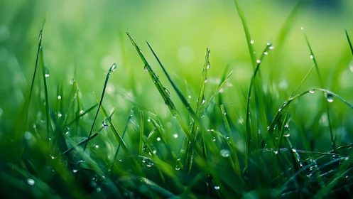 Morning dew dancing softly on fresh green grass blades.
