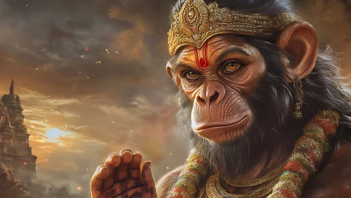 Divine simian portrait with jeweled crown in sunset aura.