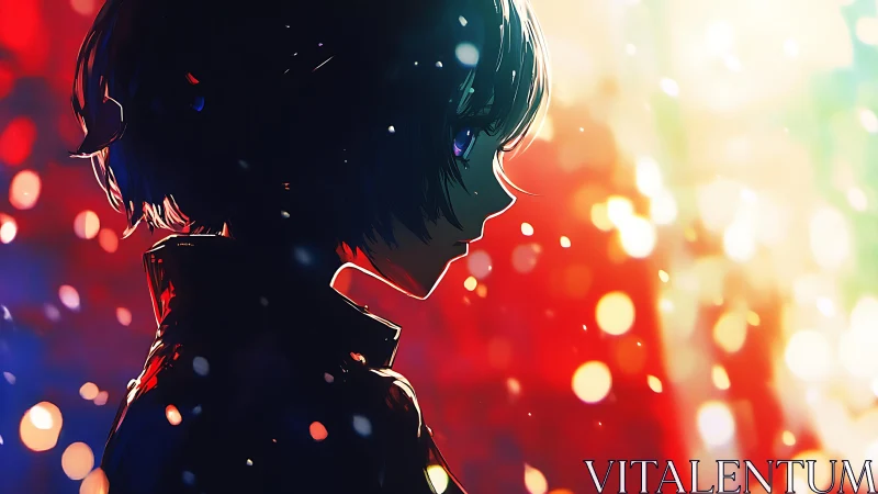 Silhouetted anime profile against blurred colorful lights.